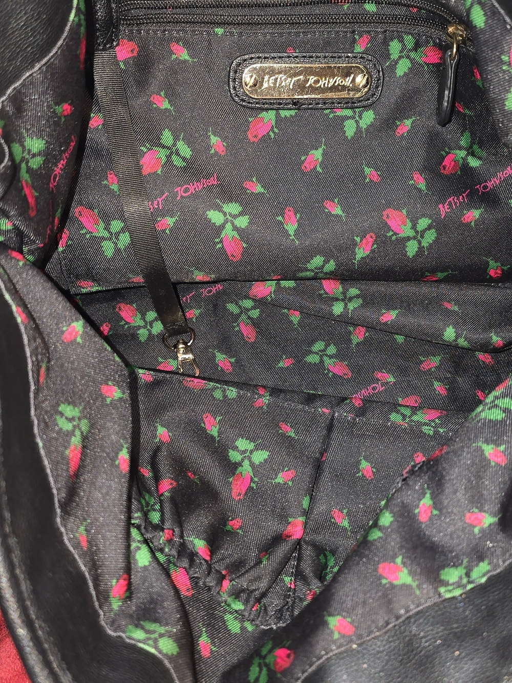 Betsey Johnson Black Satchel with Pink & Green Floral Lining